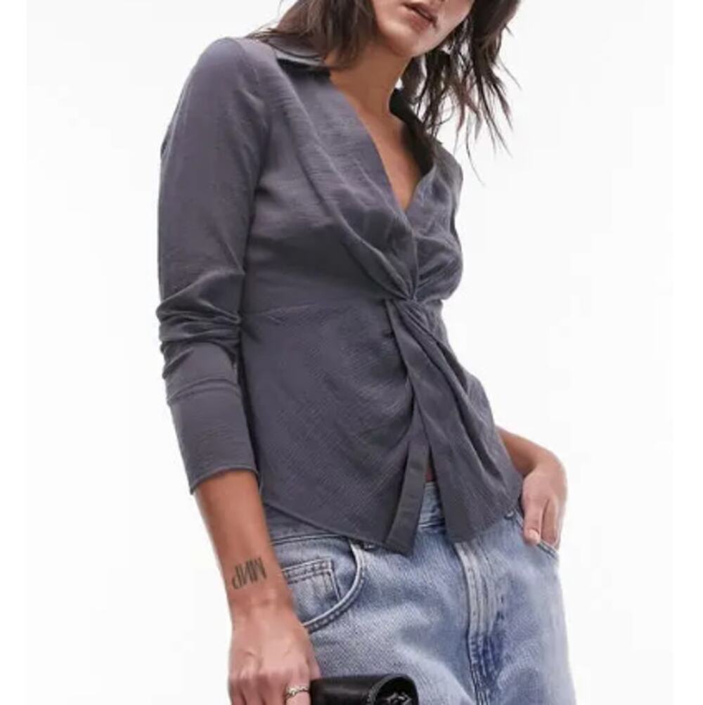 New TOPSHOP NORDSTROM Women's Charcoal Twist Front Top Size 4